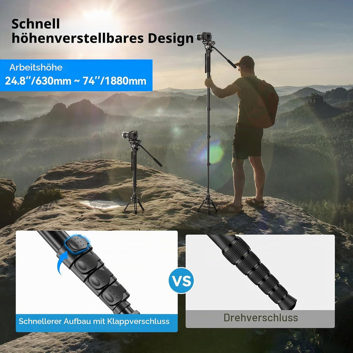 SIRUI AM-MDP02 Video Monopod mit Fluidkopf | 188cm Aluminium Einbeinstativ für DSLR & spiegellose Ka