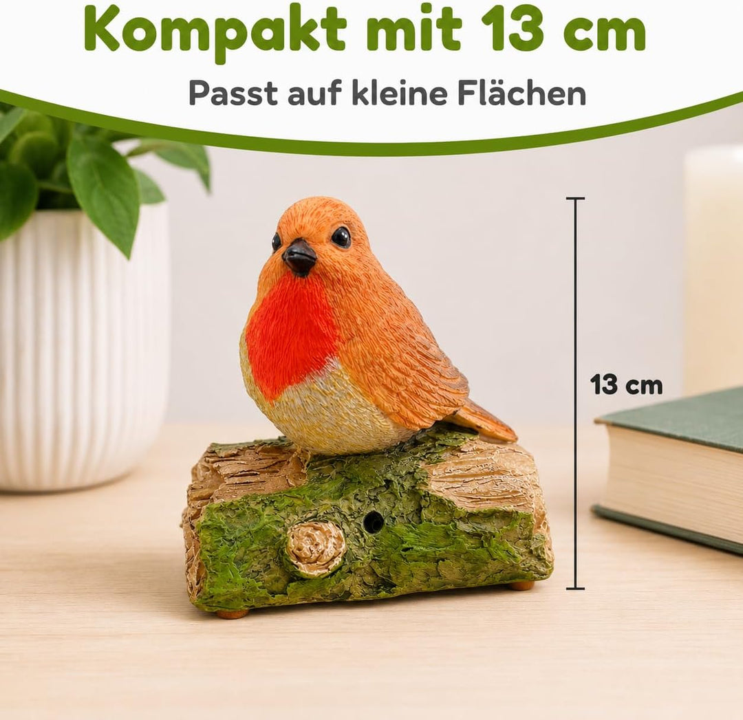 MIJOMA Dekovogel mit Vogelgezwitscher & Bewegungsmelder – Zwitschernder Vogel auf AST, Handbemalt, 1