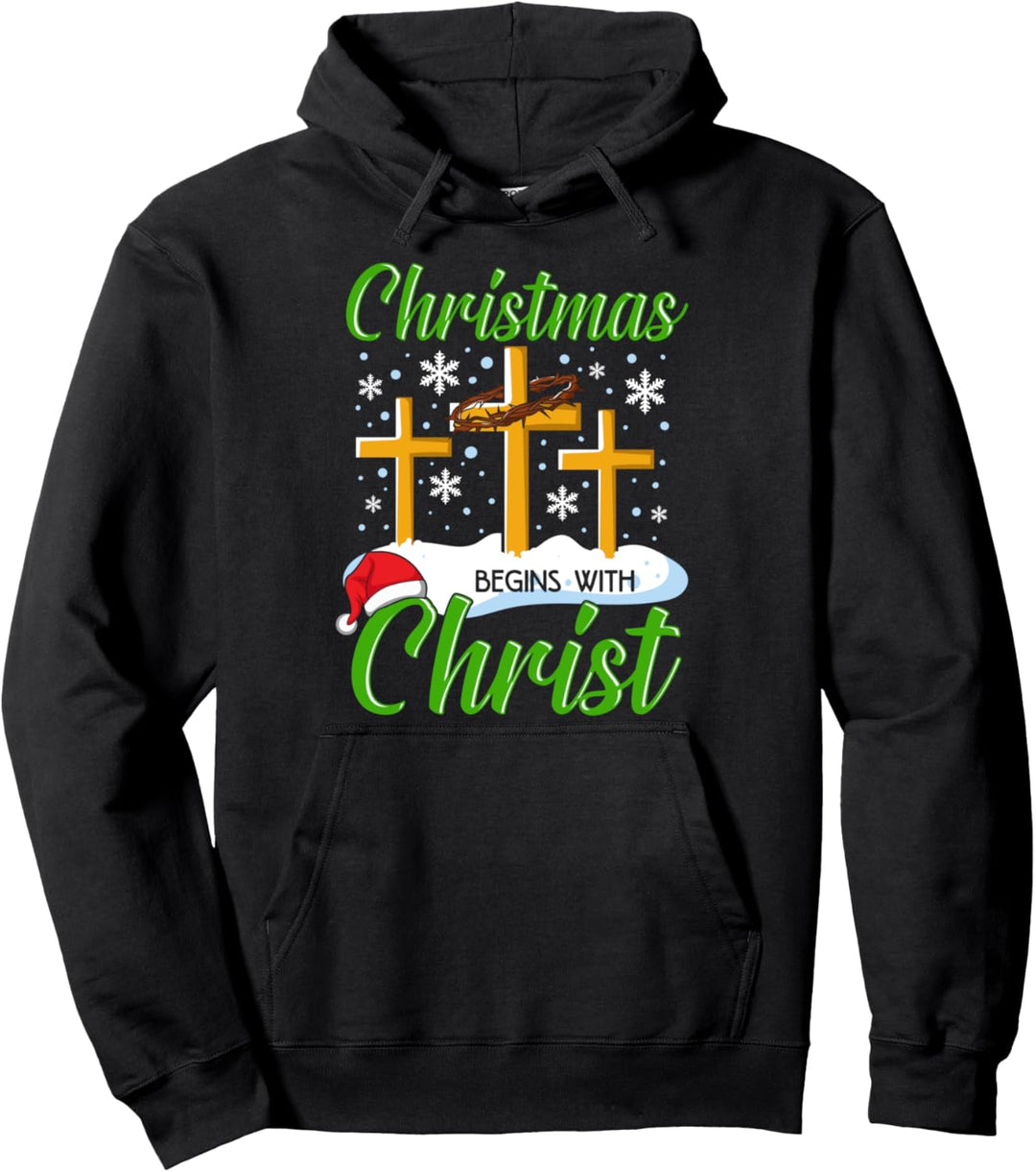 Christmas Begins With Christ Christian Cross Hat Xmas Pajama Pullover Hoodie