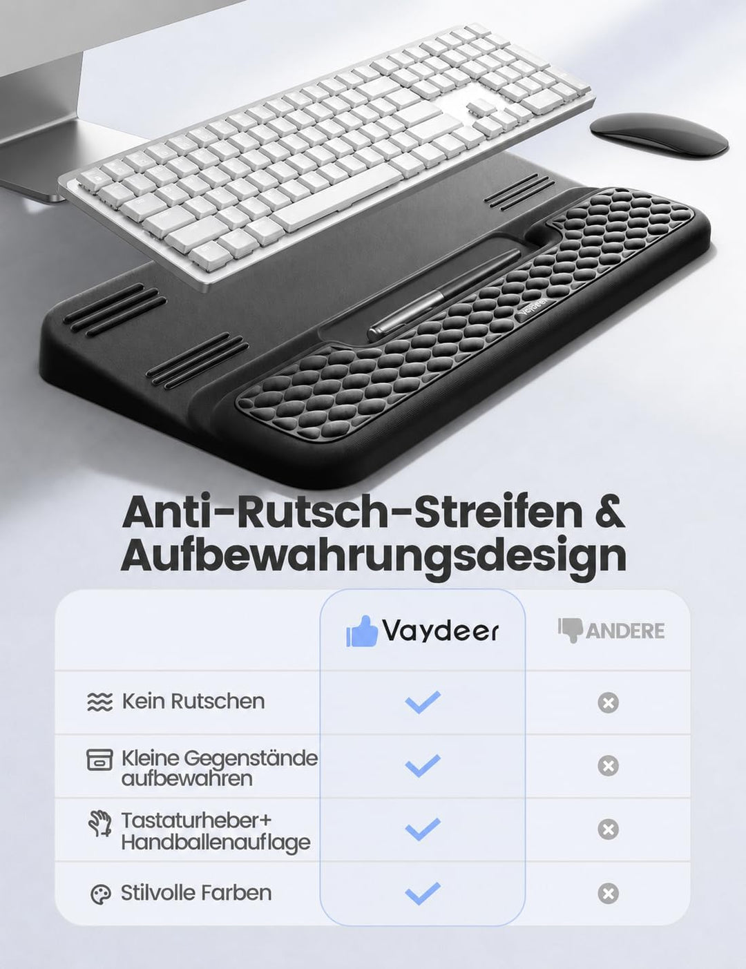 Vaydeer Handgelenkauflage mit Tastaturständer, Computer-Handgelenkstütze, ergonomische Tastaturerhöh