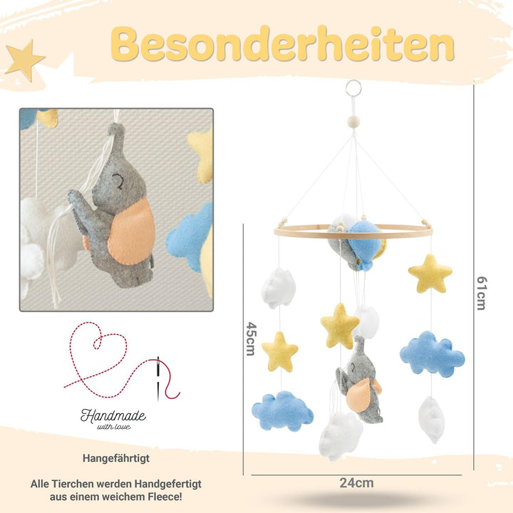 Baby mobile kleine Elefant – Baby Mobiles mit Holzring und süssen Tierchen – Perfektes Mobile für Ba