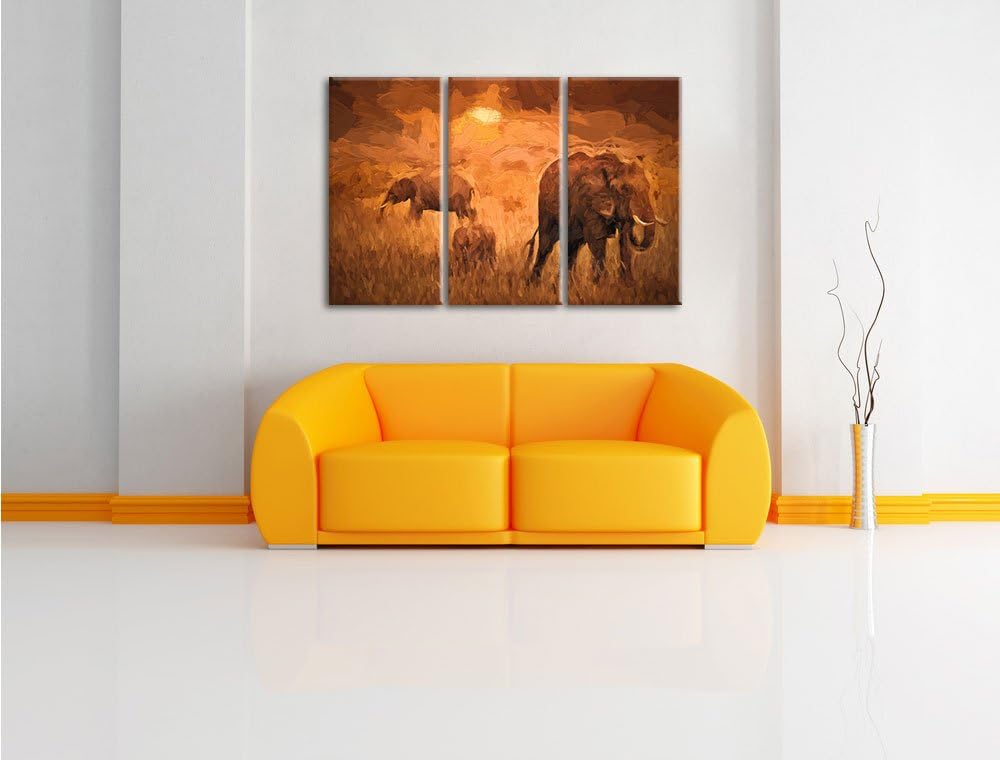 Pixxprint Elefanten in der Savanne als Leinwandbild/Grösse: 3 Teilig (120x80 cm) cm/Wandbild/Kunstdr