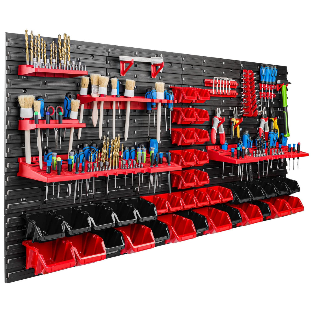 Lagersystem Werkstattregal | 156 x 78 cm | 39 stck. Box | Wandregal mit Werkzeughalterungen und Stap
