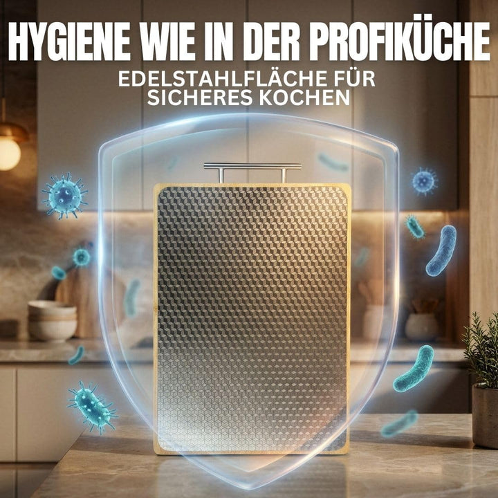 Doppelseitiges Schneidebrett Edelstahl & Bambus | Küchenbrett mit Saftrille & Metallgriff | Holzbret