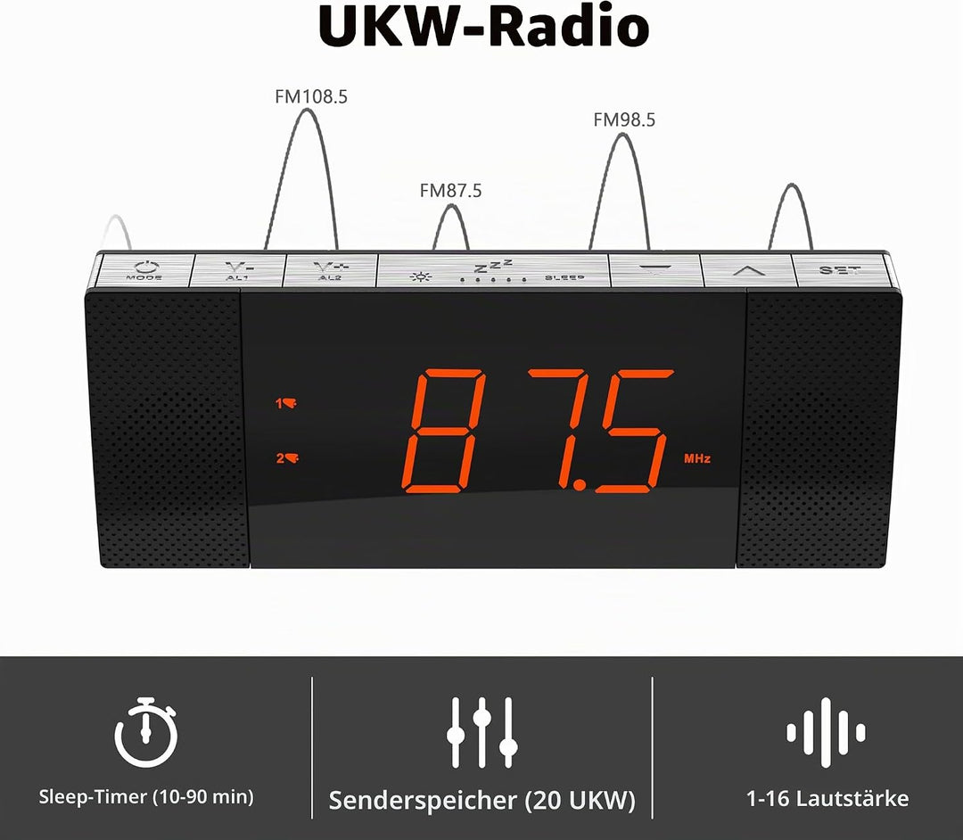 iTOMA RadioWecker mit Bluetooth, FM Radio, Dual Wecker mit Snooze, USB-Aufladung, Auto und manueller