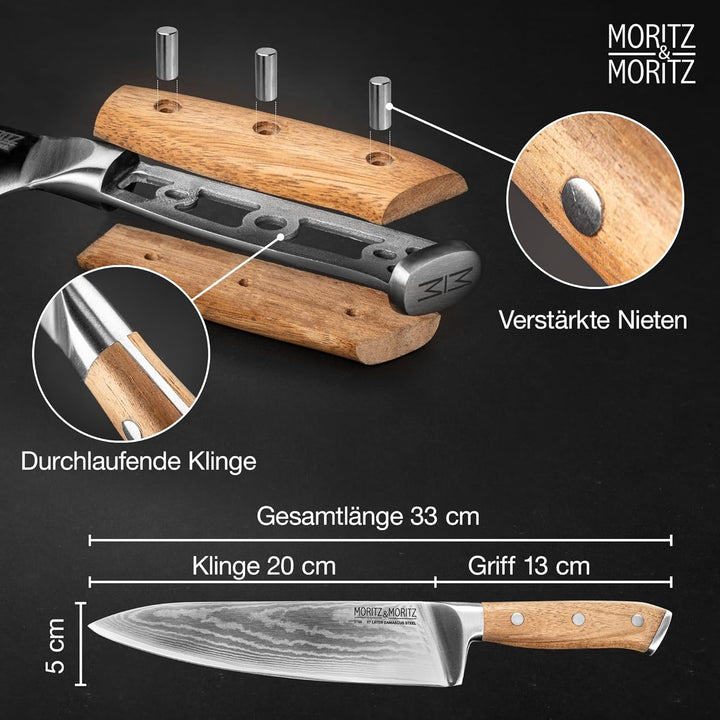 Moritz & Moritz Damastmesser 20 cm - Profi Kochmesser aus 67 Lagen Damaststahl - Scharfes Küchenmess
