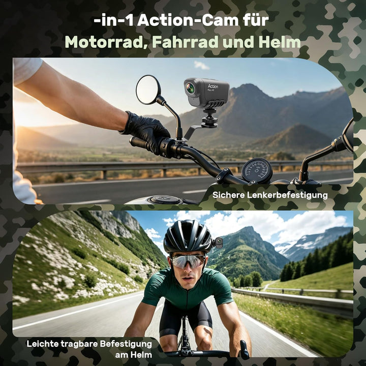 Action Cam 4K+1080P,Dashcam Motorrad,120° Weitwinkel Helmkamera Motorrad,Dashcam Auto vorne hinten m