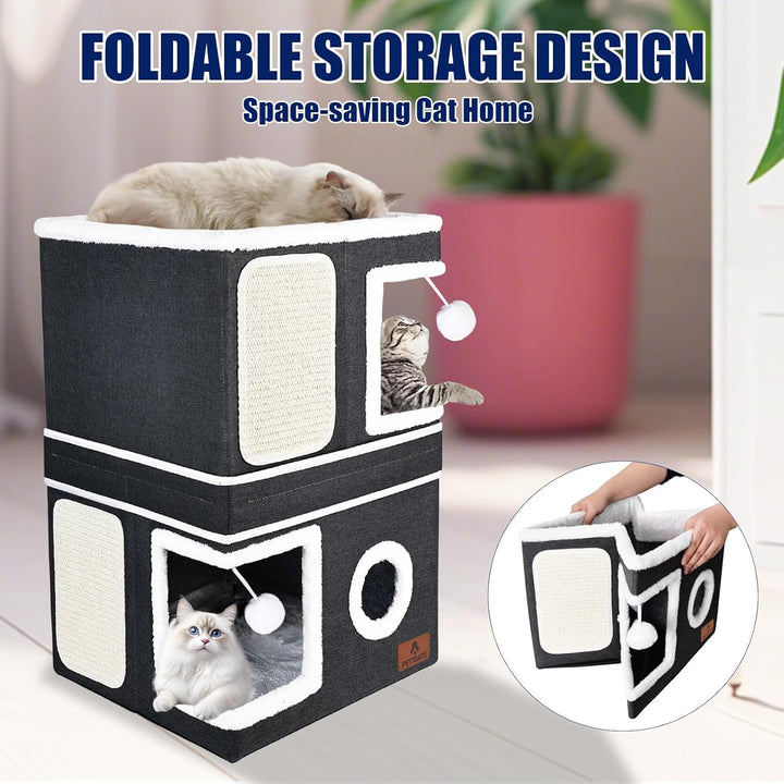 Faltbare Katzenhaus, 2-stöckige Kuschelhöhle mit Kratzbrett und Spielball, Katzenhöhle für Indoor-Ka