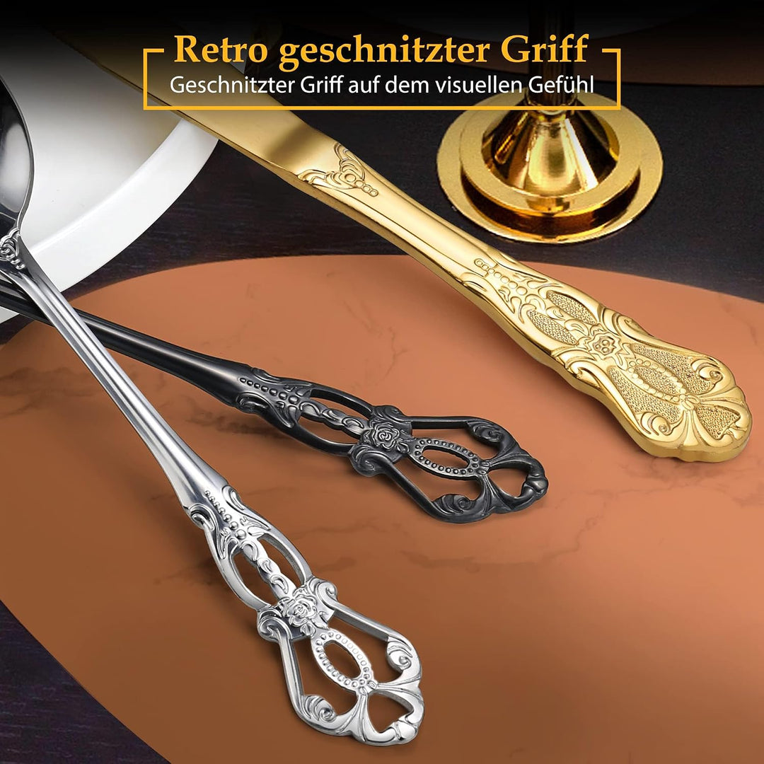Besteck Set, 40-teilig Besteck Schwarz, Vintage Palast-Stil Besteckset 8 Personen aus Edelstahl, Sch