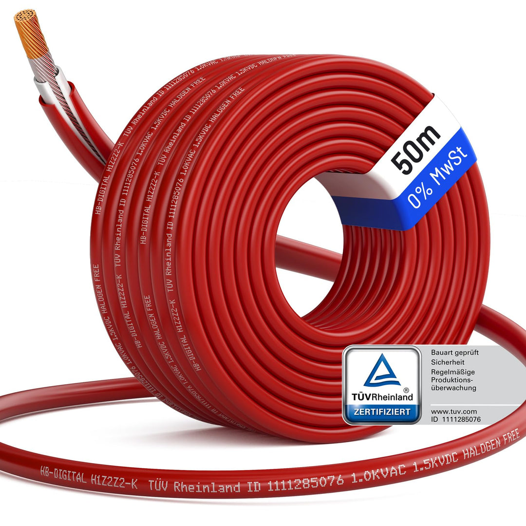 HB-DIGITAL 50m Solarkabel 4mm² H1Z2Z2-K - TÜV Rheinland zertifiziertes flexibel UV PV Kabel reines K