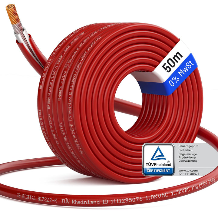 HB-DIGITAL 50m Solarkabel 4mm² H1Z2Z2-K - TÜV Rheinland zertifiziertes flexibel UV PV Kabel reines K
