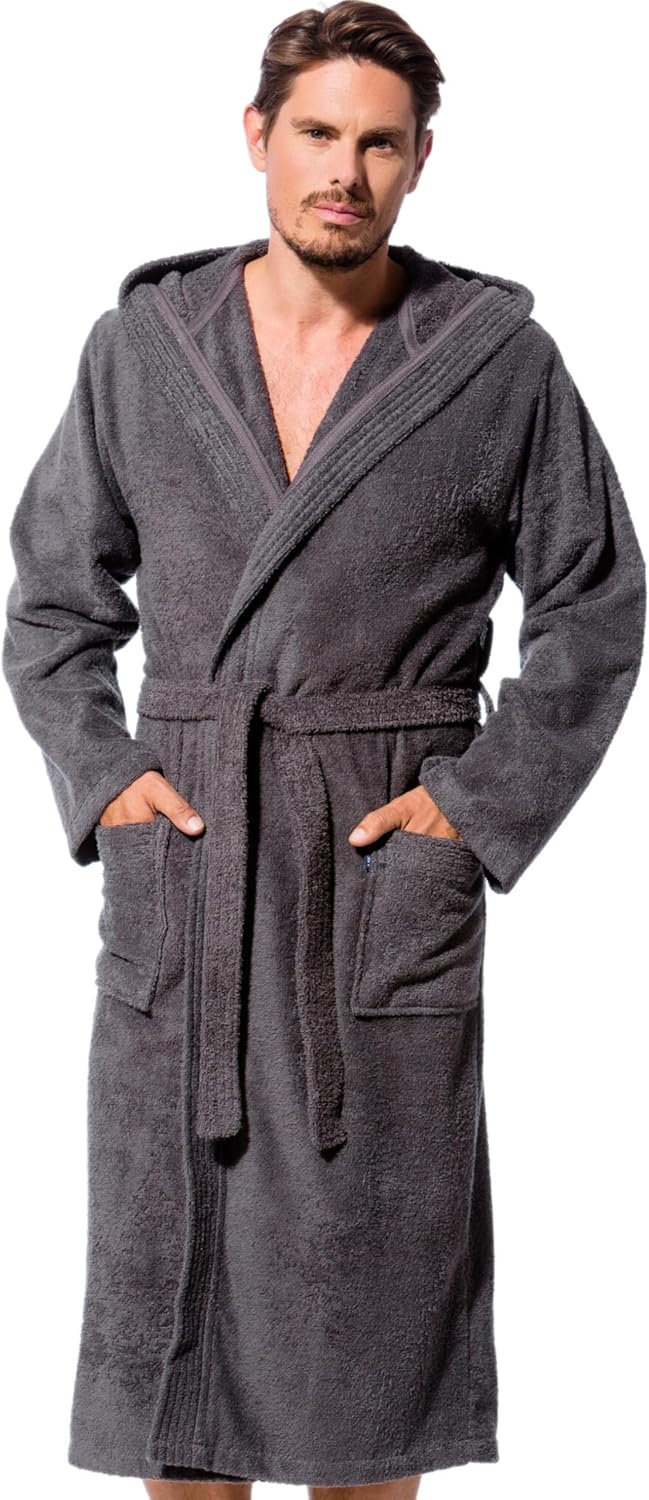 Morgenstern Bademantel Herren Kapuze Frottee 100% Baumwolle Lang Cadiz Salamanca L Grau, L Grau