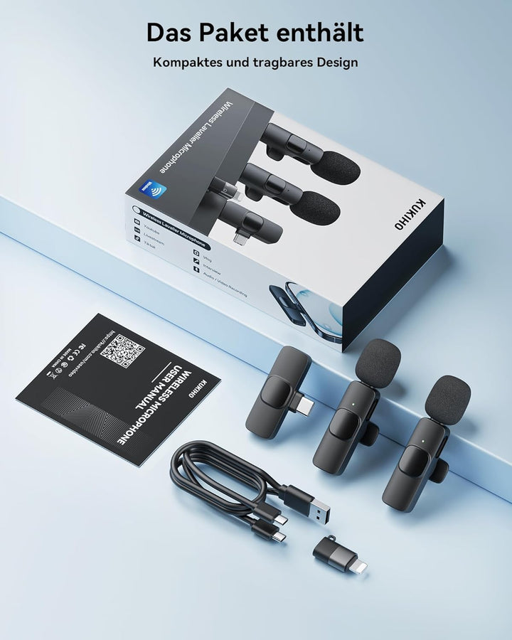 Kabelloses Lavalier Mikrofon für iPhone/iPad/Android (2 Sender), Mini Ansteckmikrofon mit Geräuschun