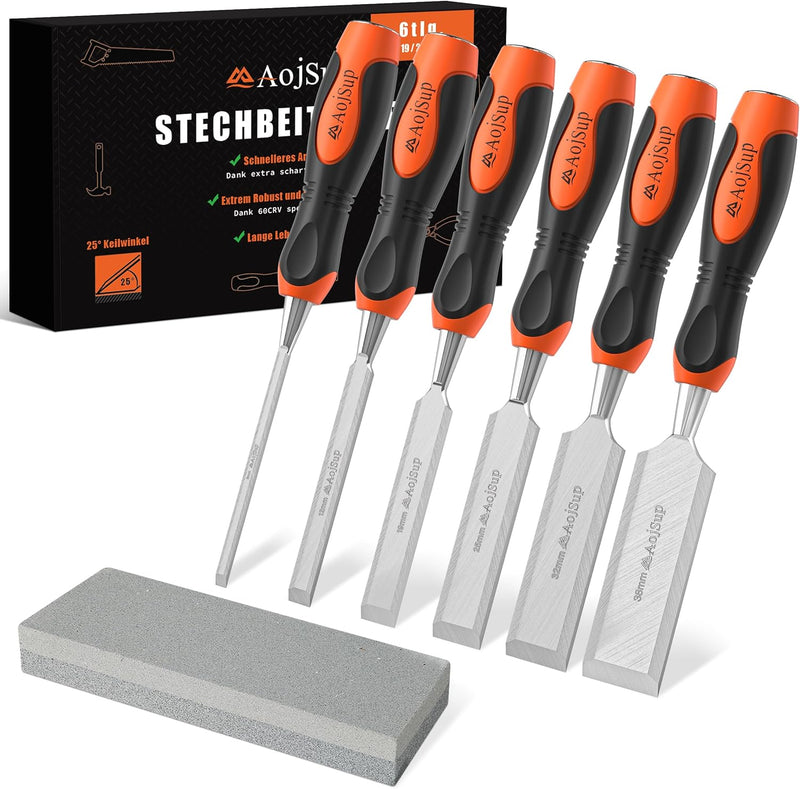 AojSup Stechbeitel Set für Holz 6tlg. inkl. Scharfes Stecheisen Set (6, 12, 19, 25, 32, 38mm) und Sc