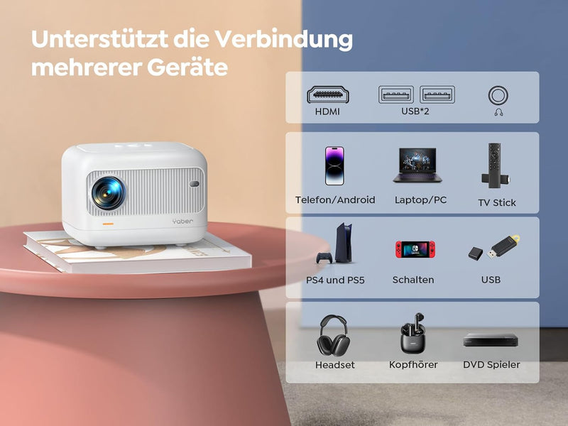 Elektrischer Fokus Mini Beamer, Video Heimkino Beamer 4K Unterstützt, 12000 Lumen Full HD 1080P 5G W