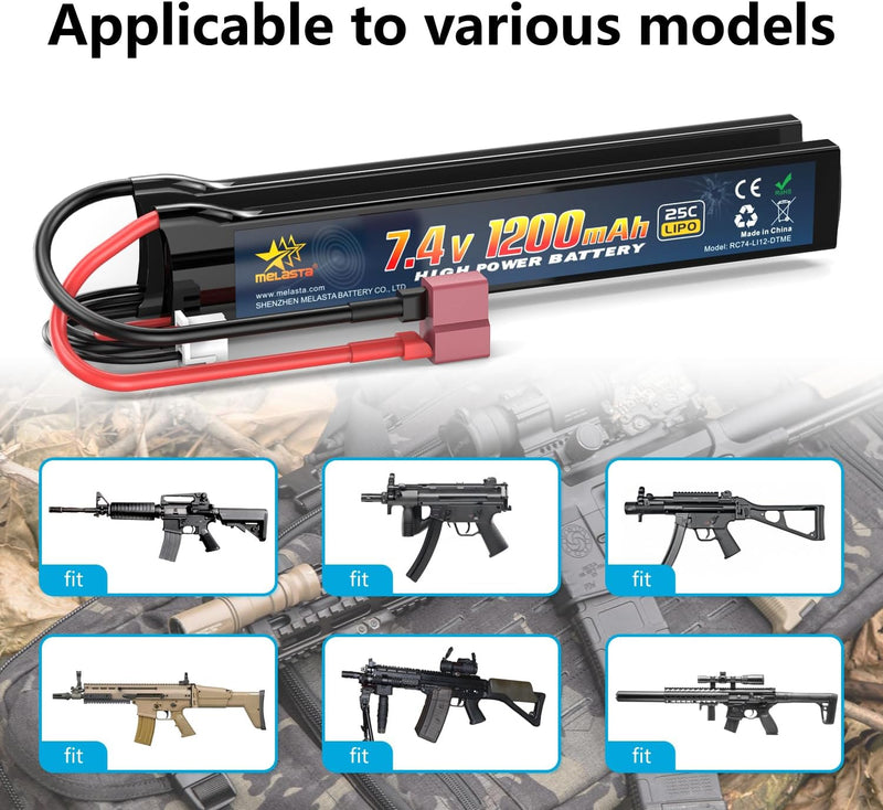 Melasta Airsoft Akku Lipo Akku Stick 2S 7.4V 1200mAh 25C Batterien mit Deans T Stecker für M4 SOPMOD