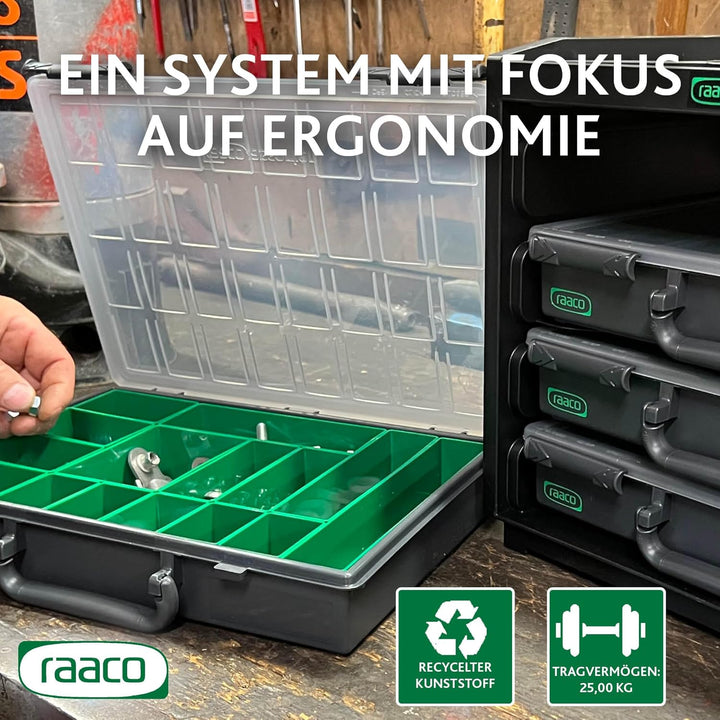 raaco HandyBox 55x4, Premium Sortimentskasten für Werkstatt, Tragerahmen mit 4 Sortierkasten für Kle