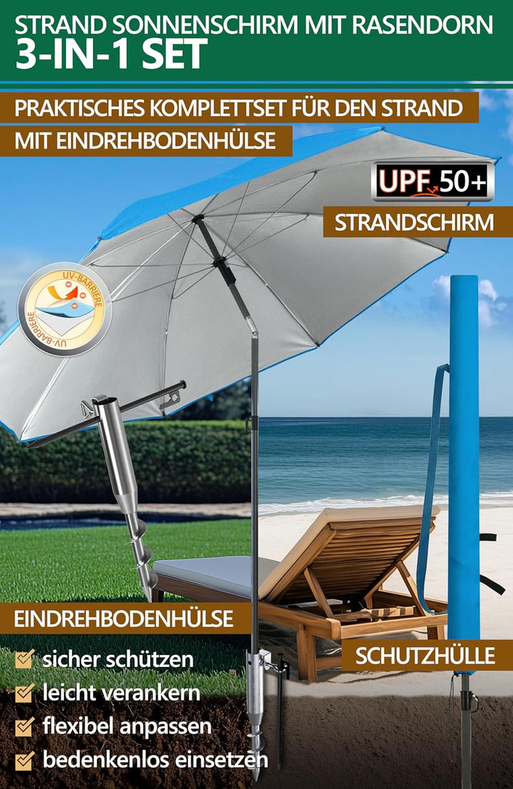 4smile Sonnenschirm Strand 3-in-1 Set, Ø 180 cm, Blau, Strandschirm Windfest Stabil, UV50 Sonnenschu
