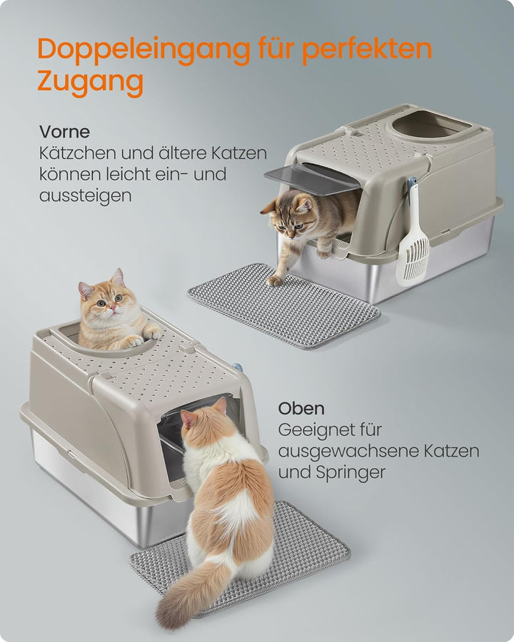 Feandrea Katzenklo Edelstahl, XL, Katzentoilette mit Deckel, mit Schaufel, Bürste und 2 Eingängen, f