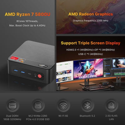 BOSGAME Mini PC Ryzen 7 5800U (8C/16T, Zen 3 Architektur, bis zu 4.4GHz) P4 Mini-PC Windows 11 32GB