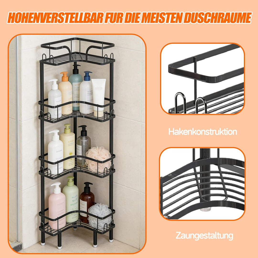 Teleskop Duschregal, 4-Tier Teleskopregal Bad Eckregal mit 16 Haken, Duschablage Ohne Bohren Höhe 10