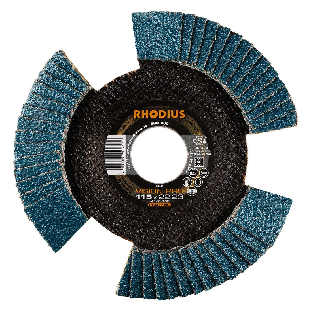 RHODIUS VISION PRO, 10 Stück Ø 115 mm K40 Fächerscheiben durchsichtig, Made in Germany, Metall Edels