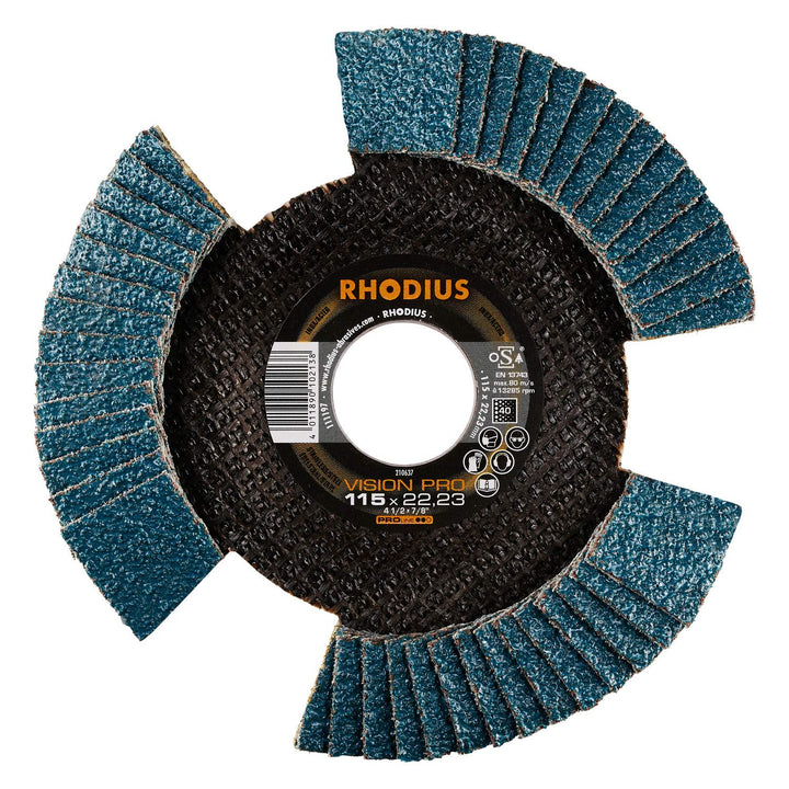 RHODIUS VISION PRO, 10 Stück Ø 115 mm K40 Fächerscheiben durchsichtig, Made in Germany, Metall Edels