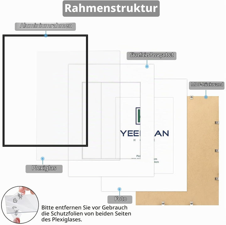 YEEPHAN Grosser schwarzer a2 Bilderrahmen mit Plastic glass-front, a2 Rahmen mit Passepartout für a3