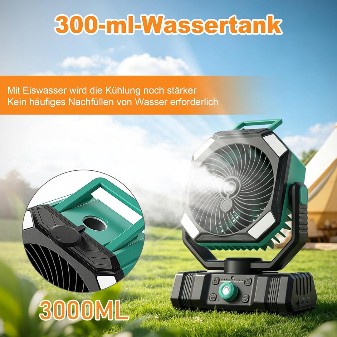 Richday Camping Ventilator mit Wasserkühlung, 20000mAh Akku, 300ml Wassertank, 2 Nebelmodi, 270° dre