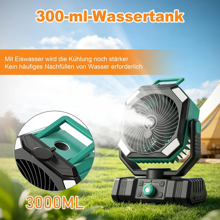 Richday Camping Ventilator mit Wasserkühlung, 20000mAh Akku, 300ml Wassertank, 2 Nebelmodi, 270° dre