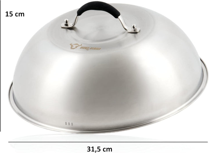 BBQ-Toro Edelstahl Wärmeglocke mit Gusseisen Fleischbeschwerer | Ø 31,5 cm | Burger Glocke mit Fleis