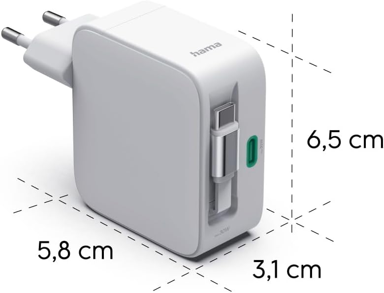 Hama GaN-Schnellladegerät, 30 W, 2X USB-C, ausziehbares USB-C-Kabel, Power Delivery, PD, USB-C-Ladeg