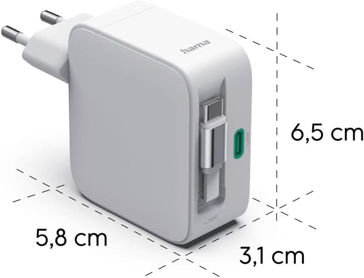 Hama GaN-Schnellladegerät, 30 W, 2X USB-C, ausziehbares USB-C-Kabel, Power Delivery, PD, USB-C-Ladeg