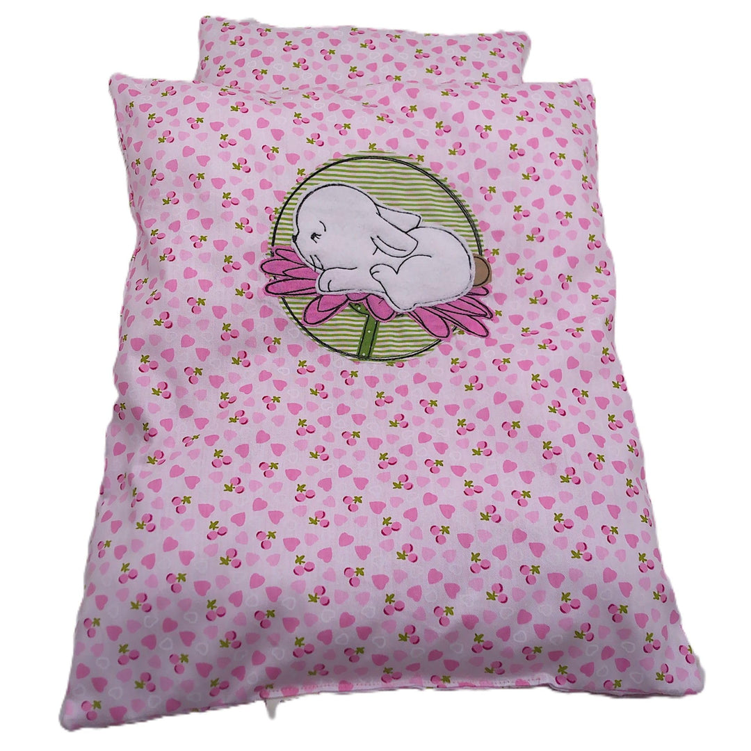 Puppenbettwäsche rosa Herzchen-Design, 4 Variaten, für Puppenwagen,-bett oder Puppenbuggy (Hase auf
