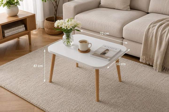 PlayPals Couchtisch Weiss Rechteckig 70x50 cm – Skandinavischer Wohnzimmertisch Holzbeine, Sofatisch