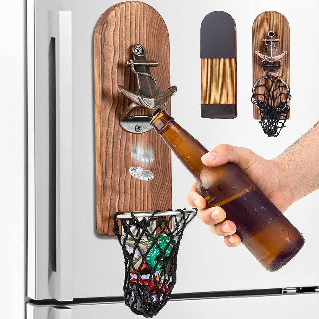 ZONSUSE Flaschenöffner Wand Magnet mit Auffangbehälter,Vintage Holz Bieröffner Wand mit Behälter,Mag