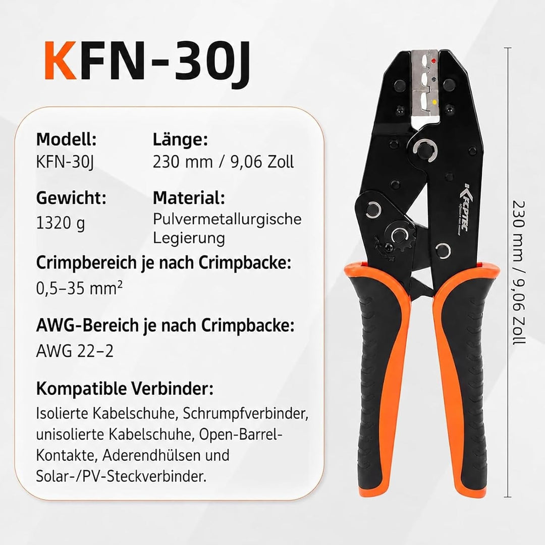 KF CPTEC Crimpzangen Set 9-teilig, Ratschen Crimpzange mit 7 Wechselbacken, AWG 22-2 (0,5–35 mm²) fü