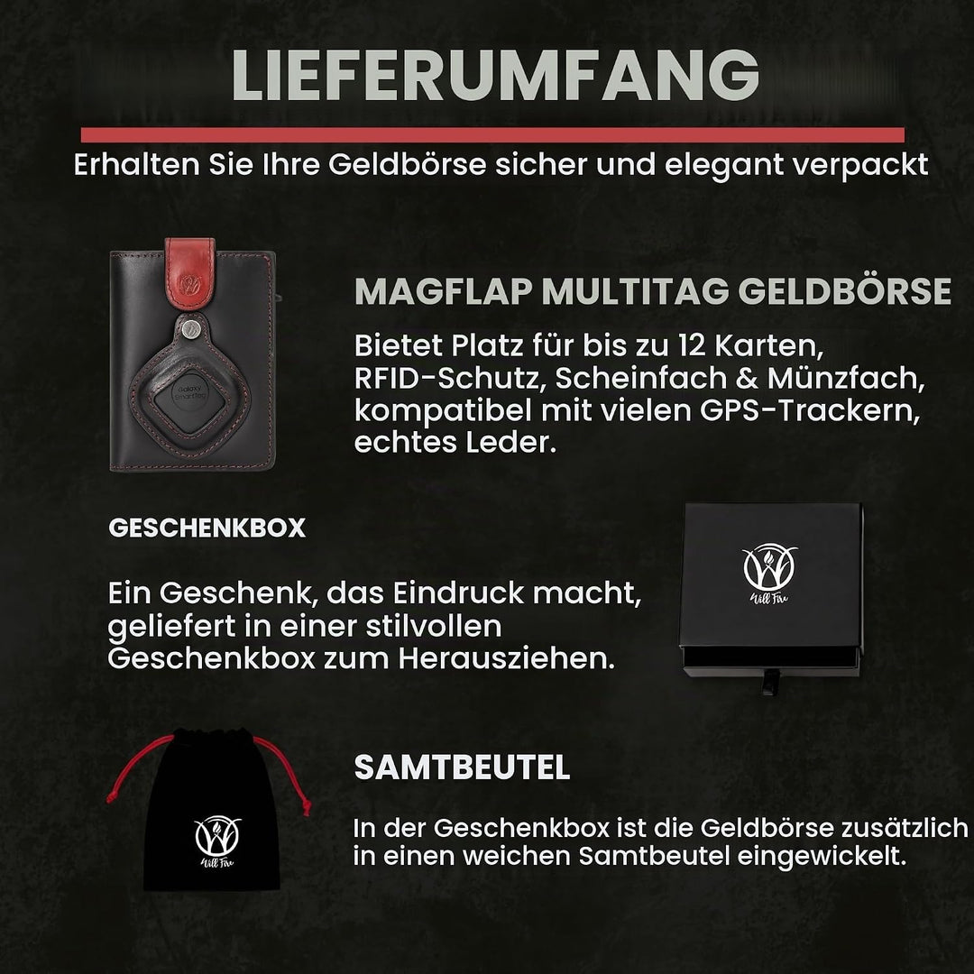 Will Fire® MagFlap® MultiTag | Airtag Android Wallet für Samsung Galaxy Smart Tag + Tile Chipolo ATU