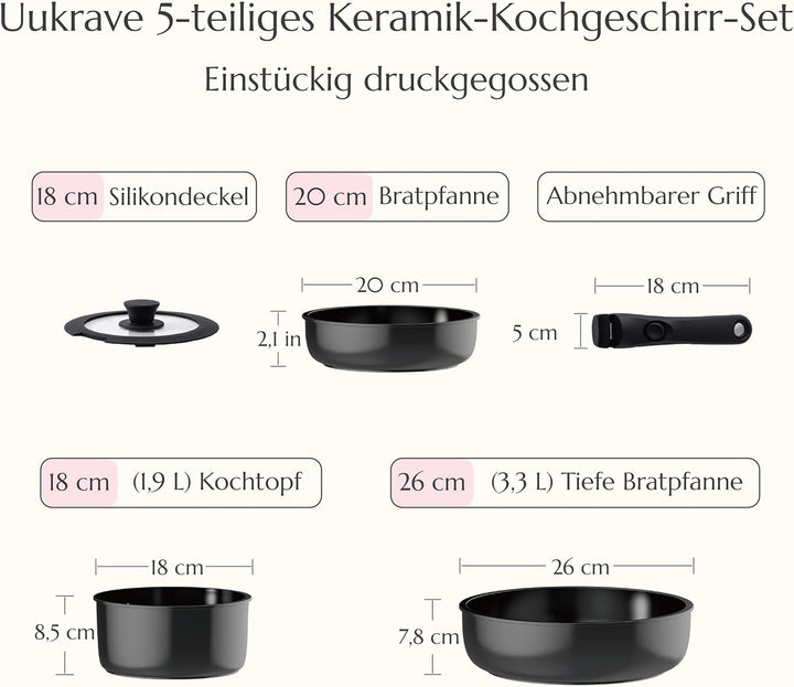 Uukrave Keramik Pfannenset mit Abnehmbaren griff, Wohnmobil Kochgeschirr Set für Camping, Keramik Un