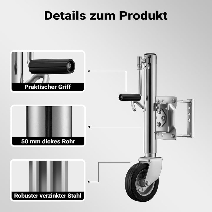 XPOtool Schwerlast Stützrad bis 540 kg, Anhängerstütze mit bis zu 260 mm Hubhöhe, Stützlast Bugrad m