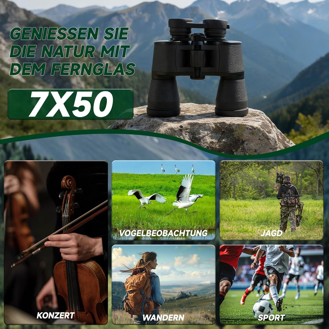 BOSTRON Kompaktes Fernglas 7x50 für Erwachsene, Stossfest HD Ferngläser mit PORRO-Prism,Profi Feldst