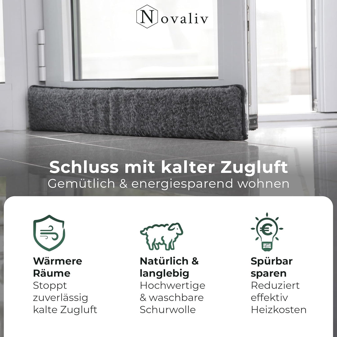 Zugluftstopper für Türen 80cm Anthrazit Schurwolle – stoppt Zugluft &amp; Kälte, dämpft Lärm/Staub/Licht