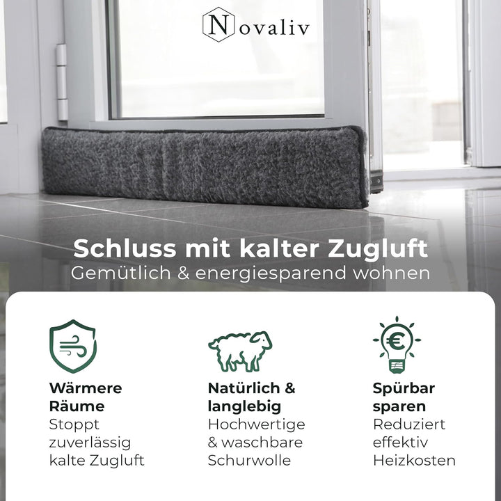 Zugluftstopper für Türen 80cm Anthrazit Schurwolle – stoppt Zugluft &amp; Kälte, dämpft Lärm/Staub/Licht