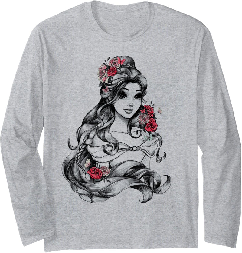 Disney Beauty And The Beast Belle Sketch Floral Portrait Langarmshirt