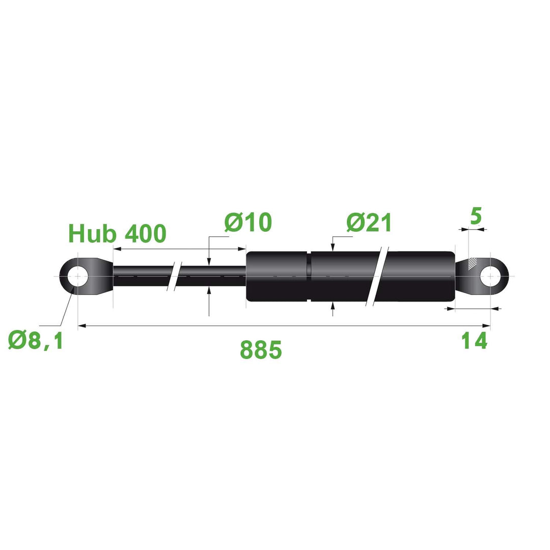 Trupa Gasdruckfeder 10/21 8,1 mm Hub 400 mm L 885 mm 400N (40kg) Schwarz