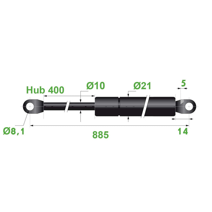 Trupa Gasdruckfeder 10/21 8,1 mm Hub 400 mm L 885 mm 400N (40kg) Schwarz