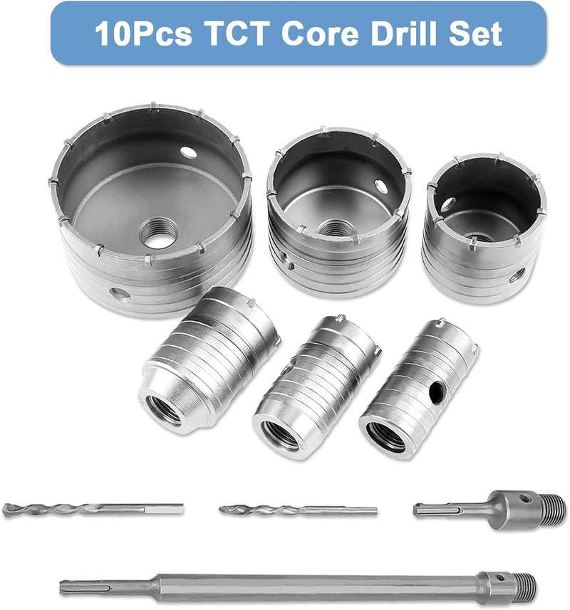 10tlg TCT Kernbohrersatz, 110mm Kernbohrer Beton Bohrkronen Set mit Führungsbohrer 350mm Schaft 300m