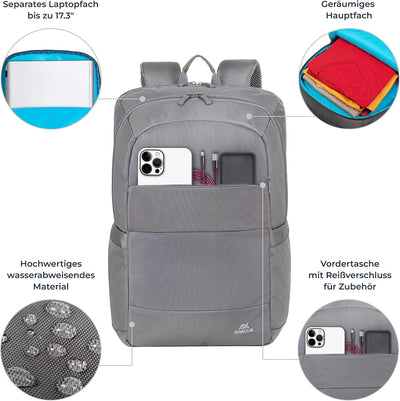 Rivacase Laptop Rucksack 22L bis 17,3 Zoll – 32 x 46,5 x 16 cm – wasserabweisender moderner Tagesruc