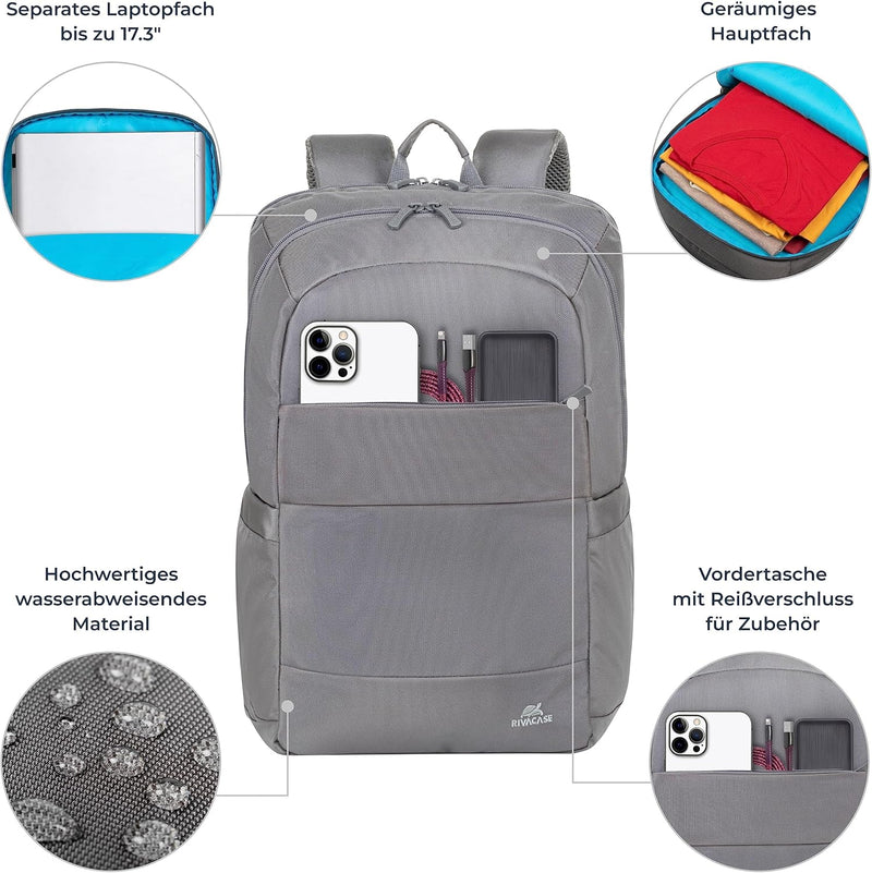 Rivacase Laptop Rucksack 22L bis 17,3 Zoll – 32 x 46,5 x 16 cm – wasserabweisender moderner Tagesruc