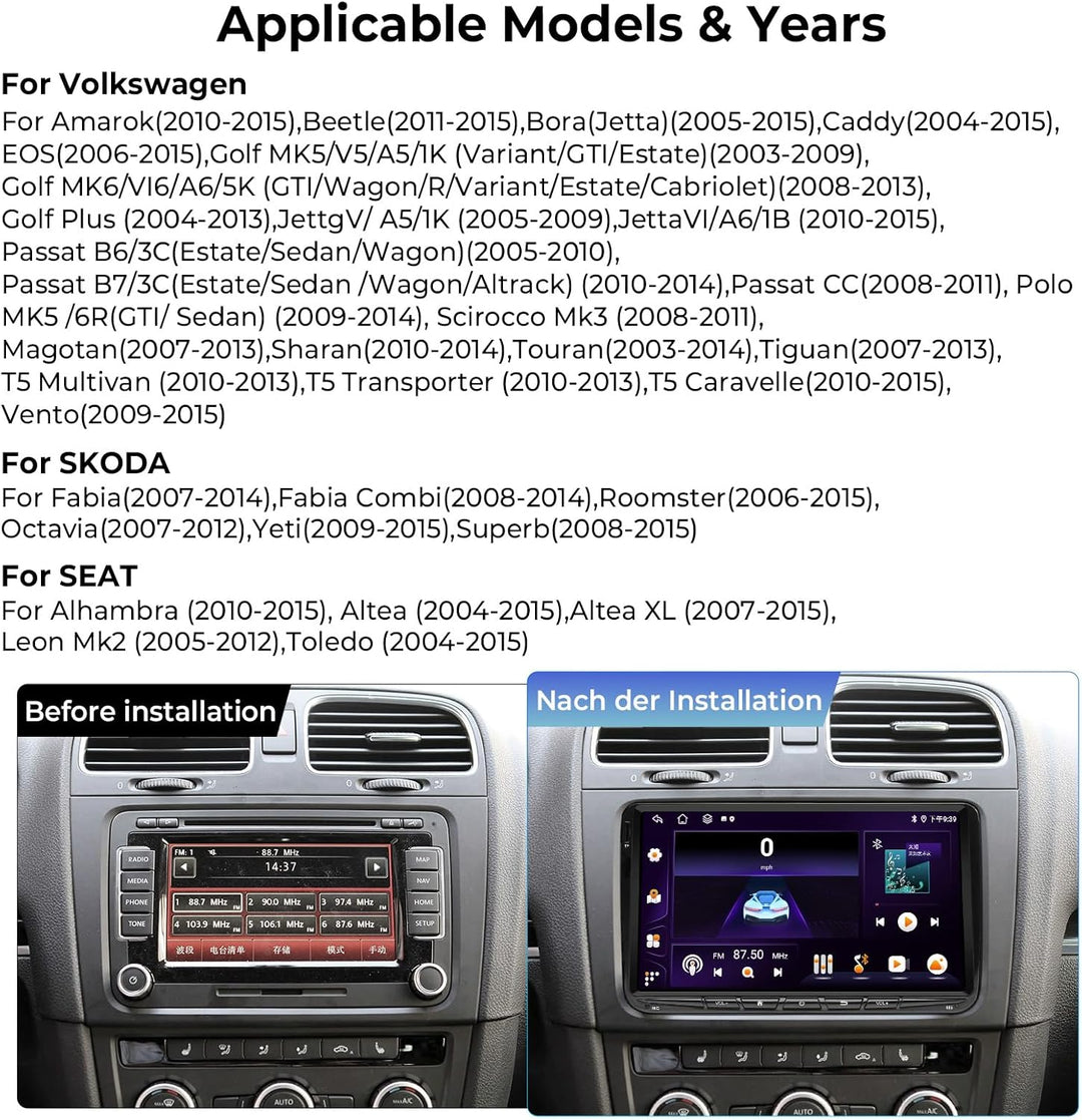 [Upgrade 6+128GB] Autoradio für VW Golf Passat Touran Seat Skoda, 9 Zoll Touchscreen Radio mit Wirel